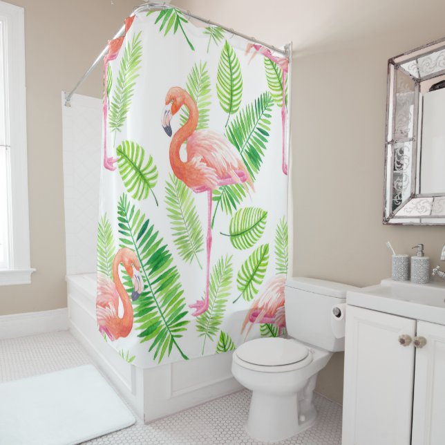 Rideaux De Douche Flamants roses et feuilles tropicaux (En situation)
