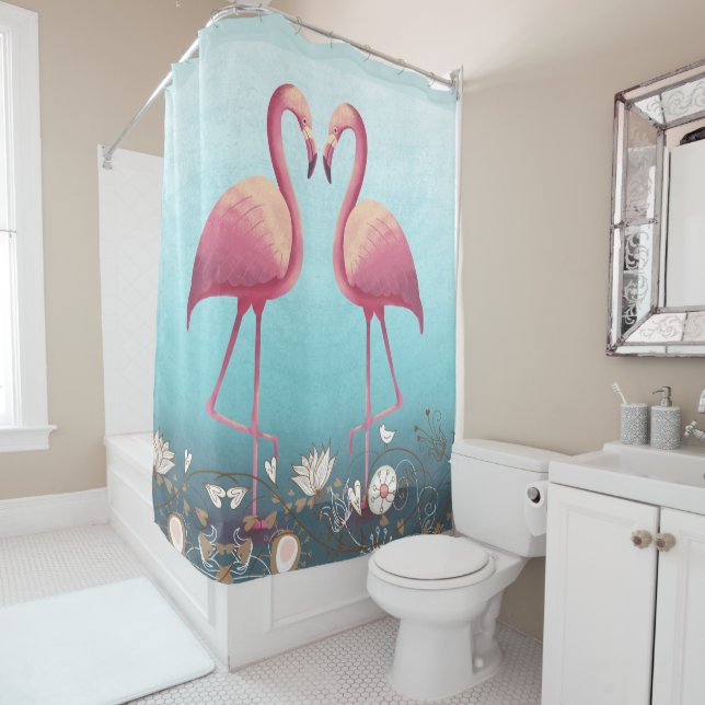 Rideaux De Douche Flamants roses et fleurs (En situation)