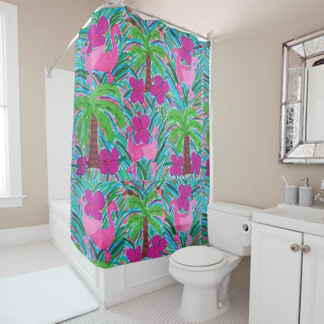 Rideaux De Douche Flamants roses et palmiers (En situation)