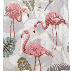 Rideaux De Douche Flamants roses, palmiers feuilles : motif vintage.