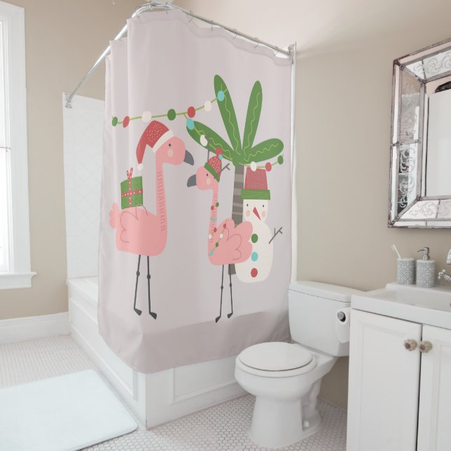 Rideaux De Douche Flamants roses rose de Noël tropicaux sur Blush (En situation)