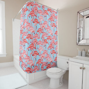 Rideaux De Douche Flamants roses roses lumineux sur le bleu