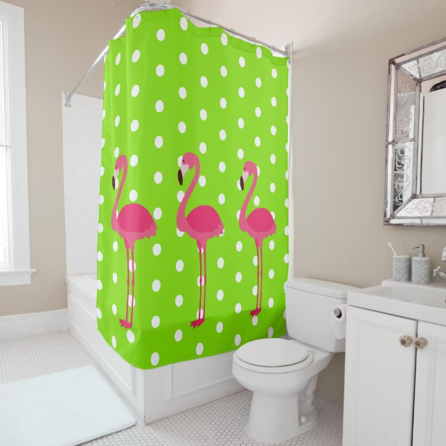 Rideaux De Douche Flamants roses roses sur Pois verts et blancs (En situation)