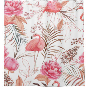 Rideaux De Douche Flamingo rose, motif d'aquarelle de pivoine.