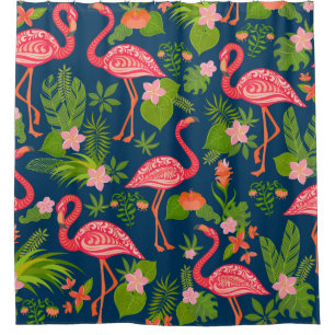Rideaux De Douche Flamingo rose sur un dos rayé turquoise
