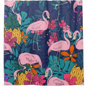 Rideaux De Douche Flamingos on a background of tropical leaves and f