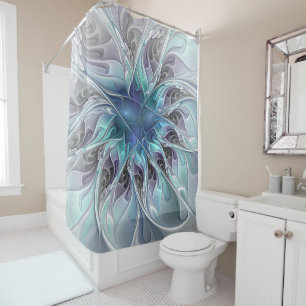 Rideaux De Douche Fleur Abstraite Fractale Moderne Avec Bleu