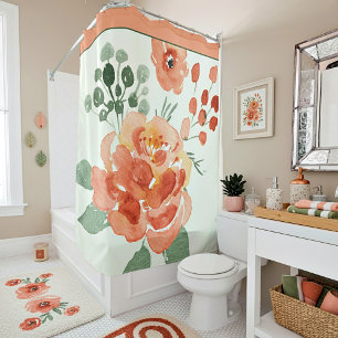 Rideaux De Douche Fleur aquarelle orange et verte