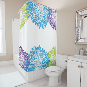 Rideaux De Douche Fleur bleue, violette et verte à la chaux