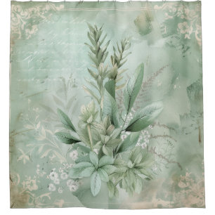 Rideaux De Douche Fleur botanique verte menthe vintage (1)
