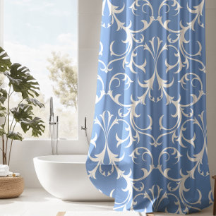 Rideaux De Douche Fleur de Cornouailles Bleu & Blanc Damas Floral