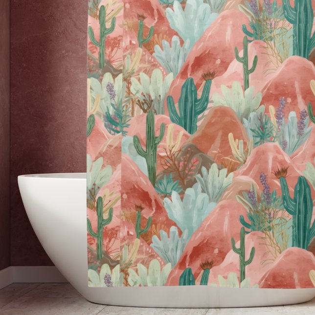 Rideaux De Douche Fleur de désert de Blush Canyon Aquarelle  (Blush canyon shower curtain with watercolor cacti, terracotta mountains, and soft desert blooms.)