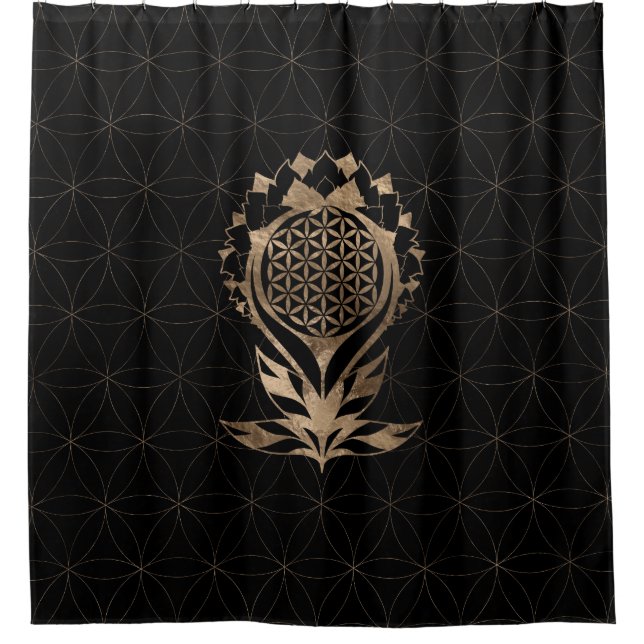 Rideaux De Douche Fleur de la vie Lotus - Noir et Or (Devant)