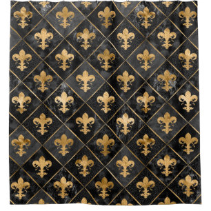 Rideaux De Douche Fleur de lis motif Marbre noir et or