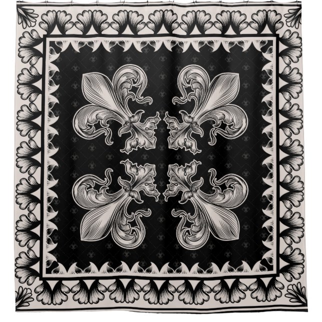 Rideaux De Douche Fleur de lis - Noir et Crème (Devant)