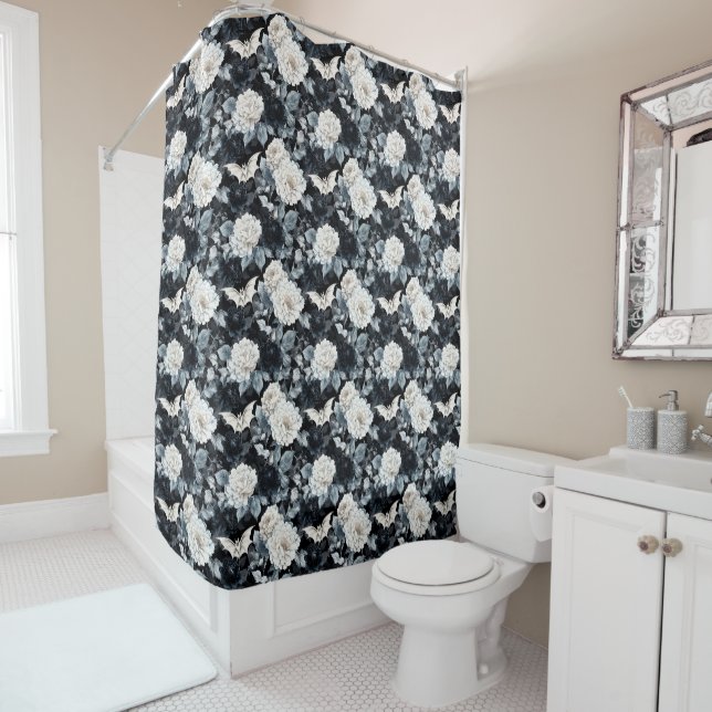 Rideaux De Douche Fleur de Nocturne - Bats & Fleurs en Monochrome (En situation)
