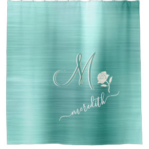Rideaux De Douche Fleur de nom de monogramme personnalisé Turquoise 