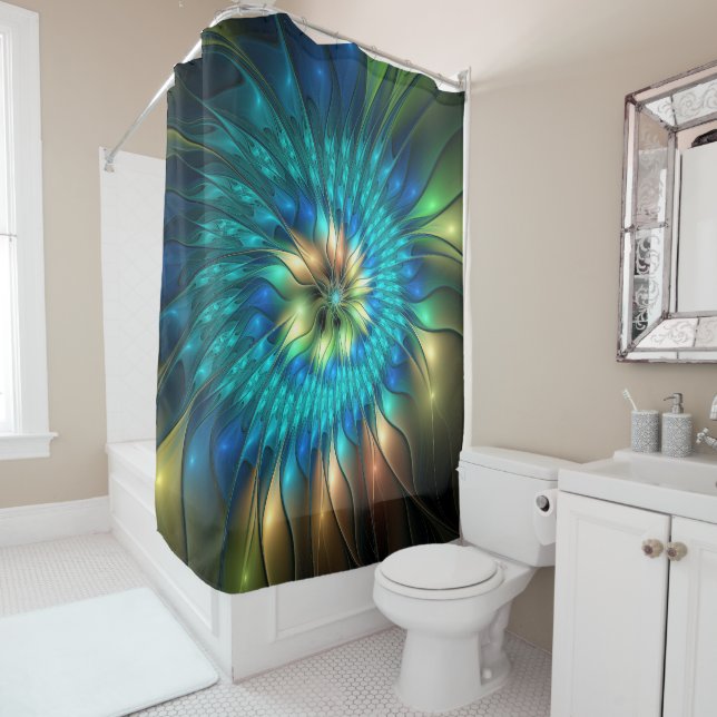 Rideaux De Douche Fleur d'Imaginaire lumineux, Fractale Abstraite co (En situation)