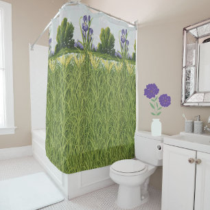 Rideaux De Douche Fleur d'Iris Pourpre + Champ Vert Botanique Vintag