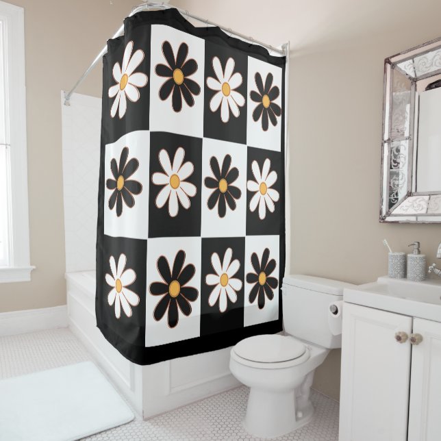 Rideaux De Douche Fleur Faisée Florale Noire Et Blanc (En situation)