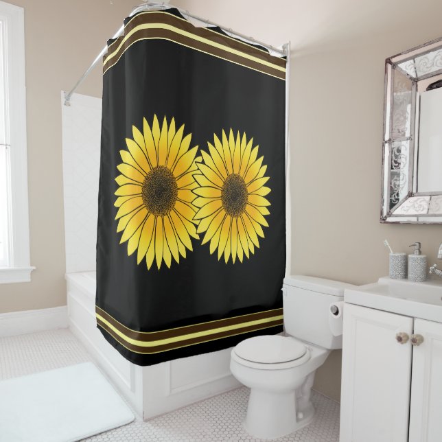 Rideaux De Douche Fleur Jaune Double Tournesol Noir Arrière - plan (En situation)
