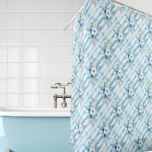 Rideaux De Douche Fleur rayée diagonale aquarelle bleue blanche