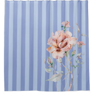 Rideaux De Douche Fleur rose pâle sur bandes bleues