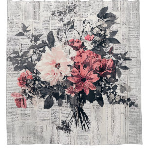 Rideaux De Douche Fleur rustique et calligraphie - Papier Brown viei