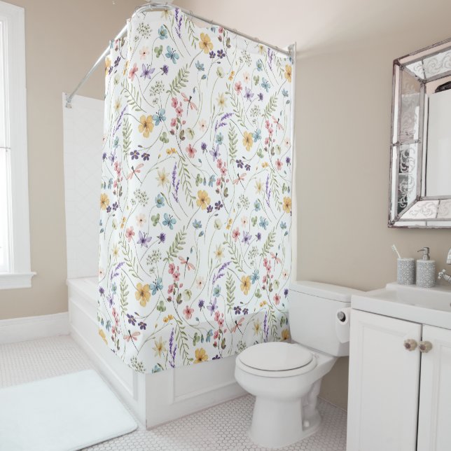 Rideaux De Douche Fleur sauvage Aquarelle Et Motif Papillons (En situation)