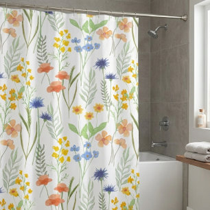 Rideaux De Douche Fleur sauvage aquarelle orange jaune bleu