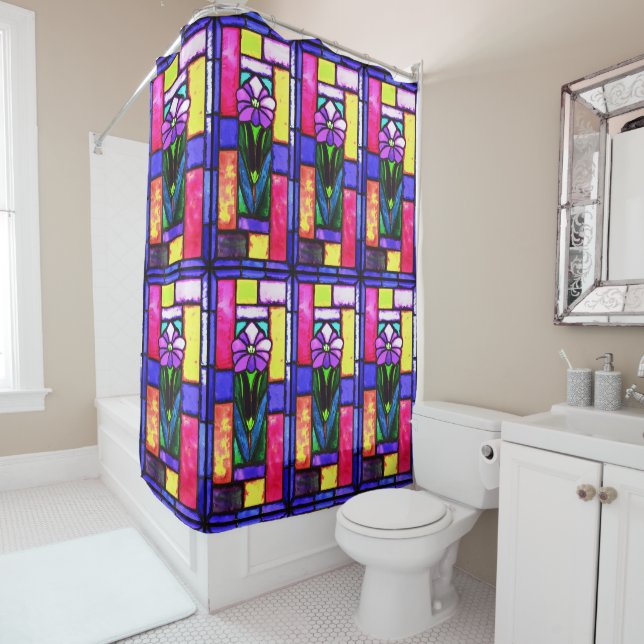 Rideaux De Douche Fleur violet en verre tendu (En situation)