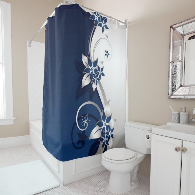 Rideaux De Douche Fleurs 3D bleu et blanc (En situation)