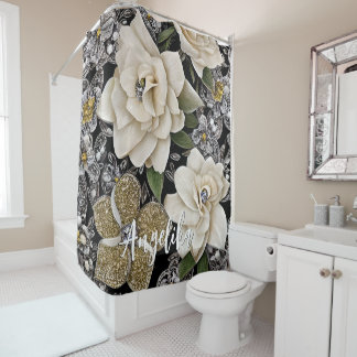 Rideaux De Douche Fleurs blanches avec Parties scintillant et nom pe
