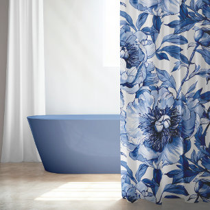 Rideaux De Douche Fleurs Blanches Bleues Élégantes Motif Floral Sans