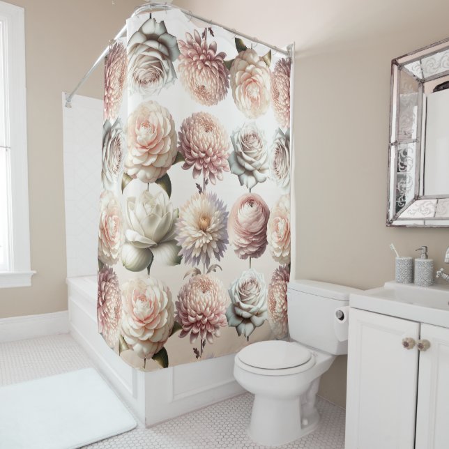 Rideaux De Douche Fleurs blanches crémeuses roses (En situation)