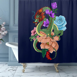 Rideaux De Douche Fleurs bleues chinoises de la marine Dragon