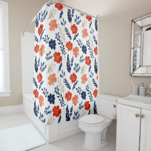 Rideaux De Douche Fleurs bleues et rouges Aquarelle Aesthétique Flor