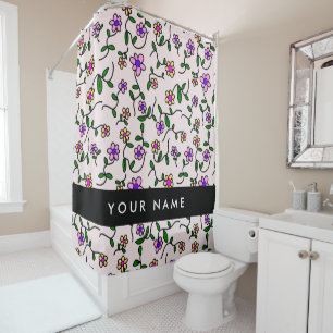 Rideaux De Douche Fleurs Colorées, Fond Rose, Noir