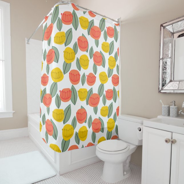 Rideaux De Douche Fleurs corail et or (En situation)