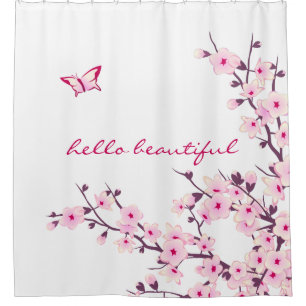 Rideaux De Douche Fleurs de cerisier floral Bonjour Beau texte