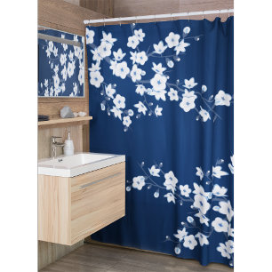 Rideaux De Douche Fleurs de cerisier navales blanches Classique