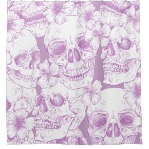 Rideaux De Douche fleurs de crâne de squelette violet pastel