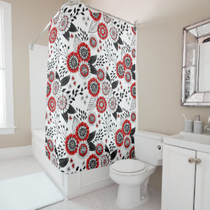 Rideaux De Douche Fleurs de gribouillis et feuilles en rouge et noir