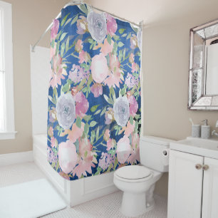Rideaux De Douche Fleurs de lavande d'aquarelle sur bleu foncé