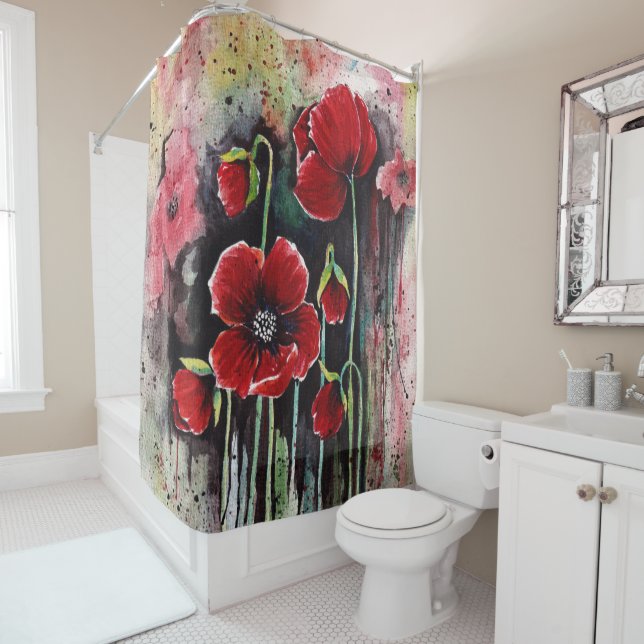 Rideaux De Douche Fleurs De Pavot En Aquarelle (En situation)