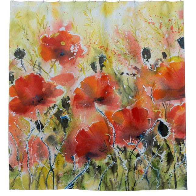 Rideaux De Douche Fleurs de pavot rouge, aquarelle douce. (Devant)