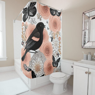 Rideaux De Douche Fleurs de pêche et de charbon de bois, Robin et Pa