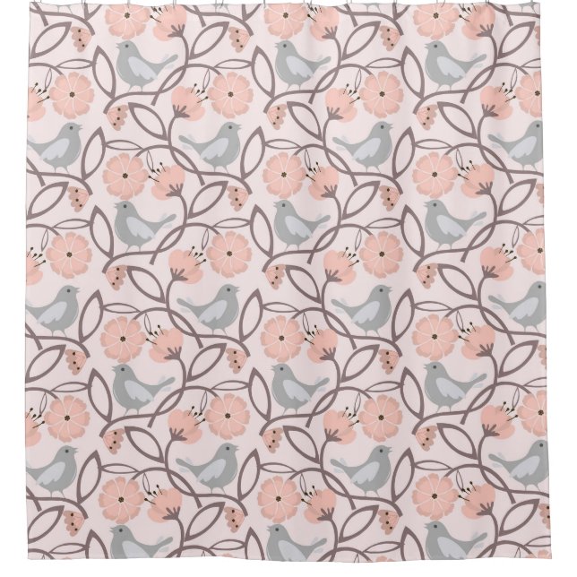 Rideaux De Douche Fleurs de Pêche modernes et oiseaux gris (Devant)