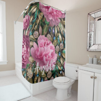 Rideaux De Douche Fleurs de pivoine rose Nom personnalisé
