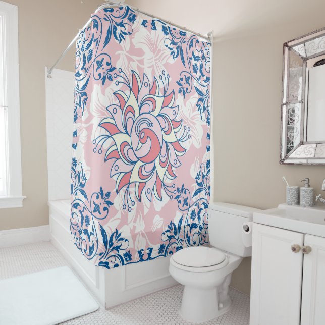 Rideaux De Douche Fleurs de printemps Rangoli, Vie Lumineuse Rose (En situation)